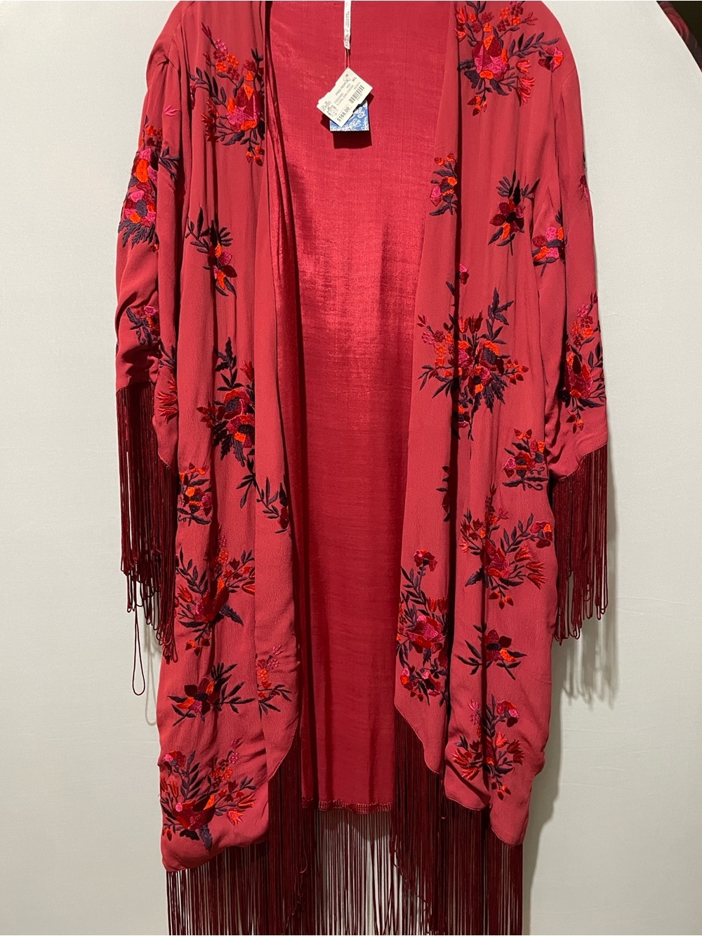 Free People Raspberry Red Floral Embroidered Fringe Kimono